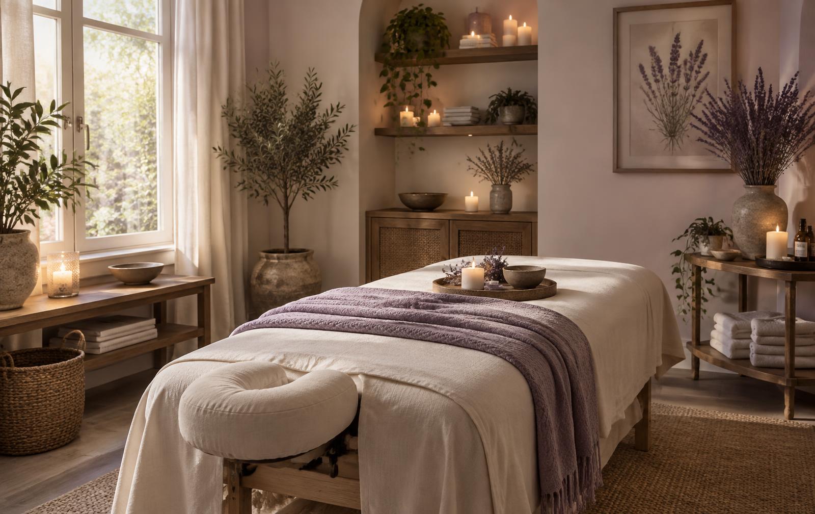 Calm treatment room with cream linens, lavender throw, plants and candles